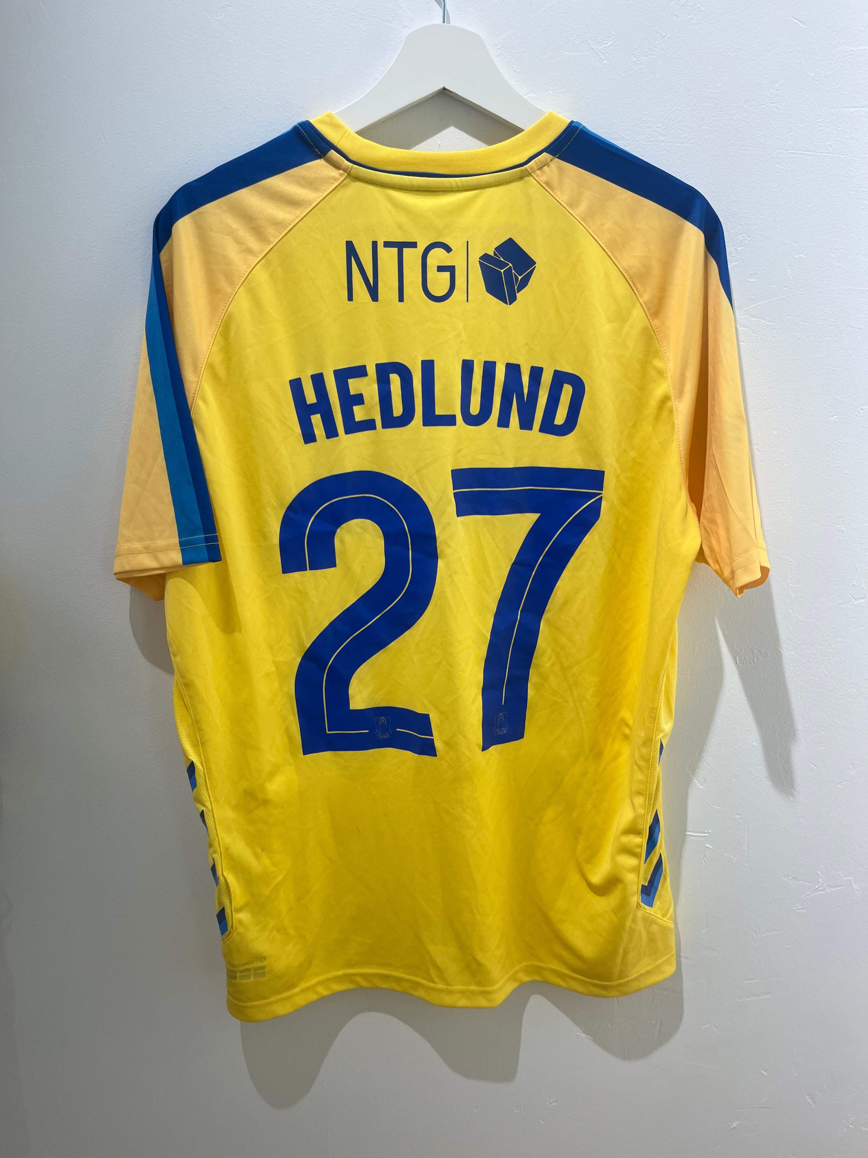 Bagsiden af Hedlund Brøndby hjemme 2021/22 XL trøje med nummer 27 og NTG sponsor.