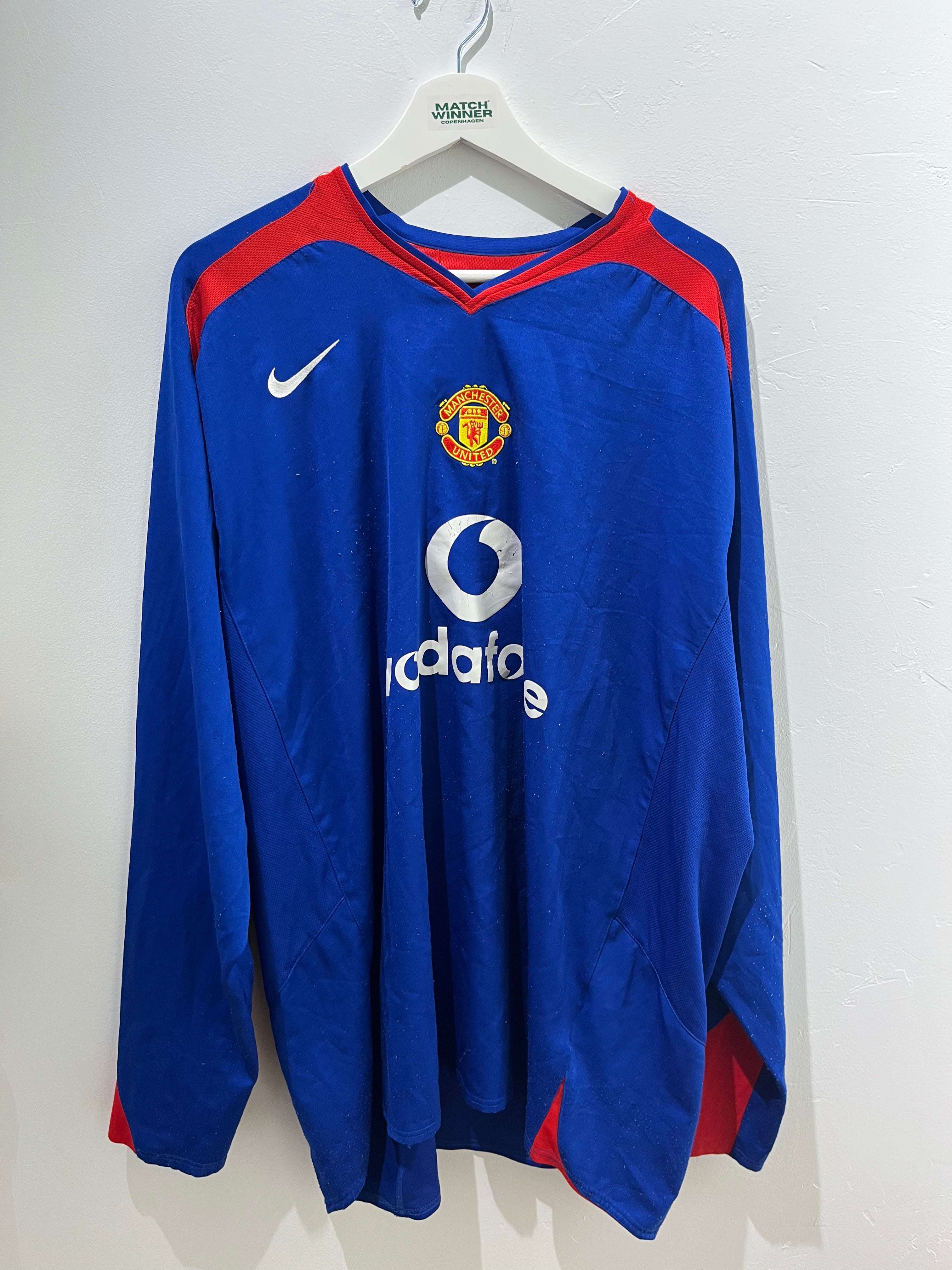 Manchester United ude 2005/06 XXXL langærmet blå udebanetrøje med Vodafone-logo.
