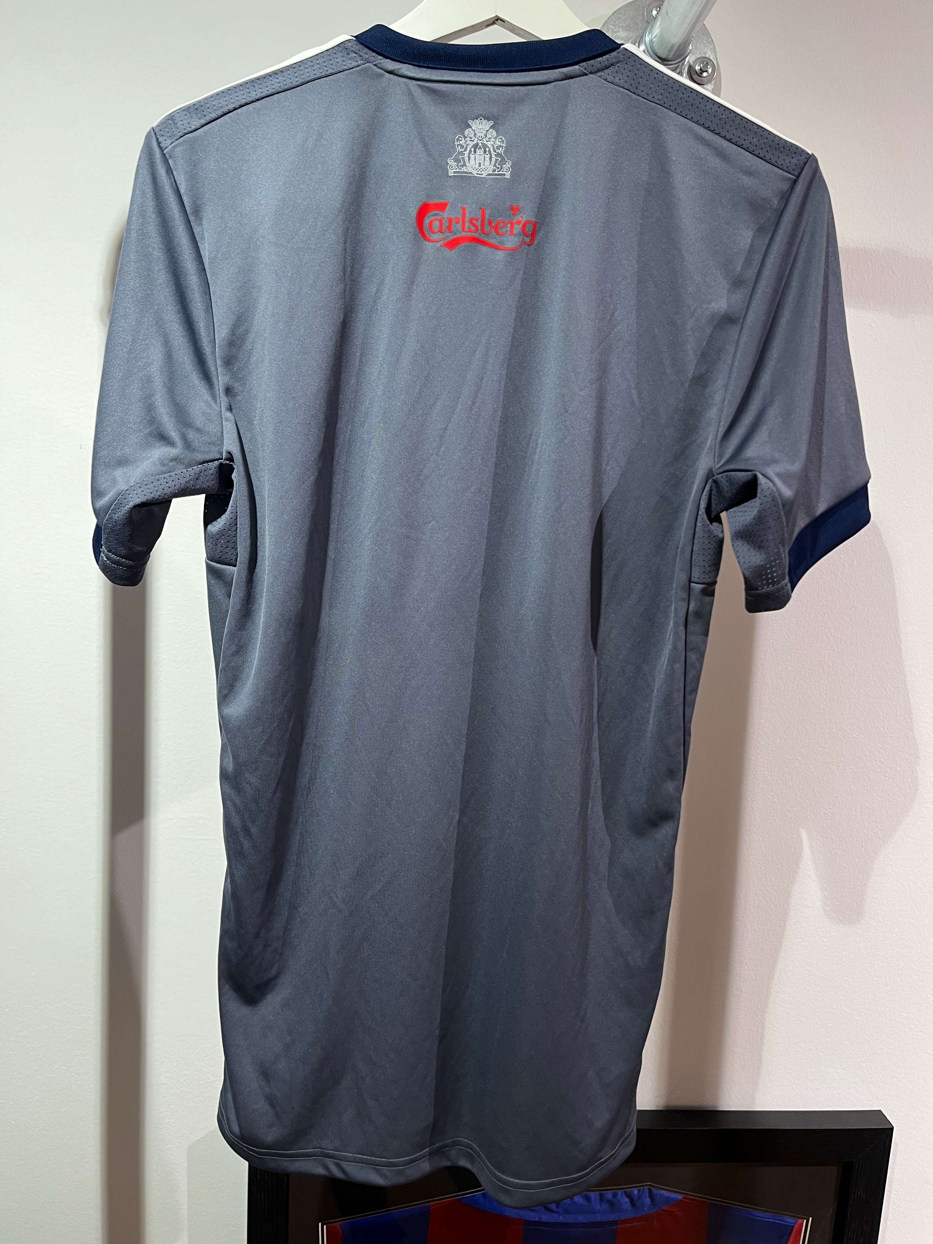 Bagsiden af FCK 3. Trøje 2020/21 S i grå med Carlsberg logo og byvåben i nakken.